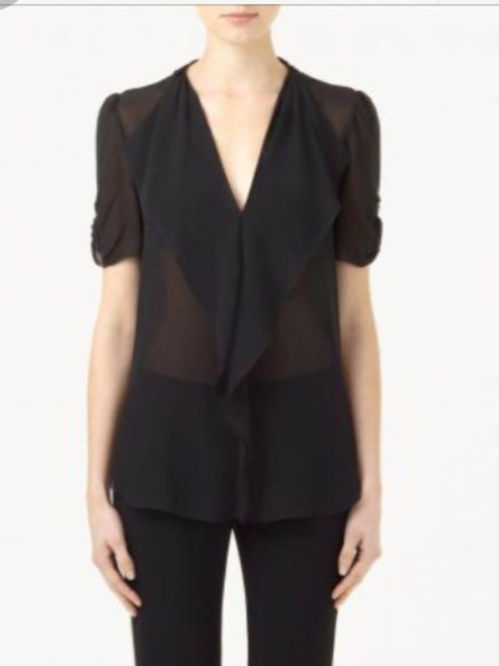 Semi-Sheer Silk Black V-Neck Ruffle Front Women's Top